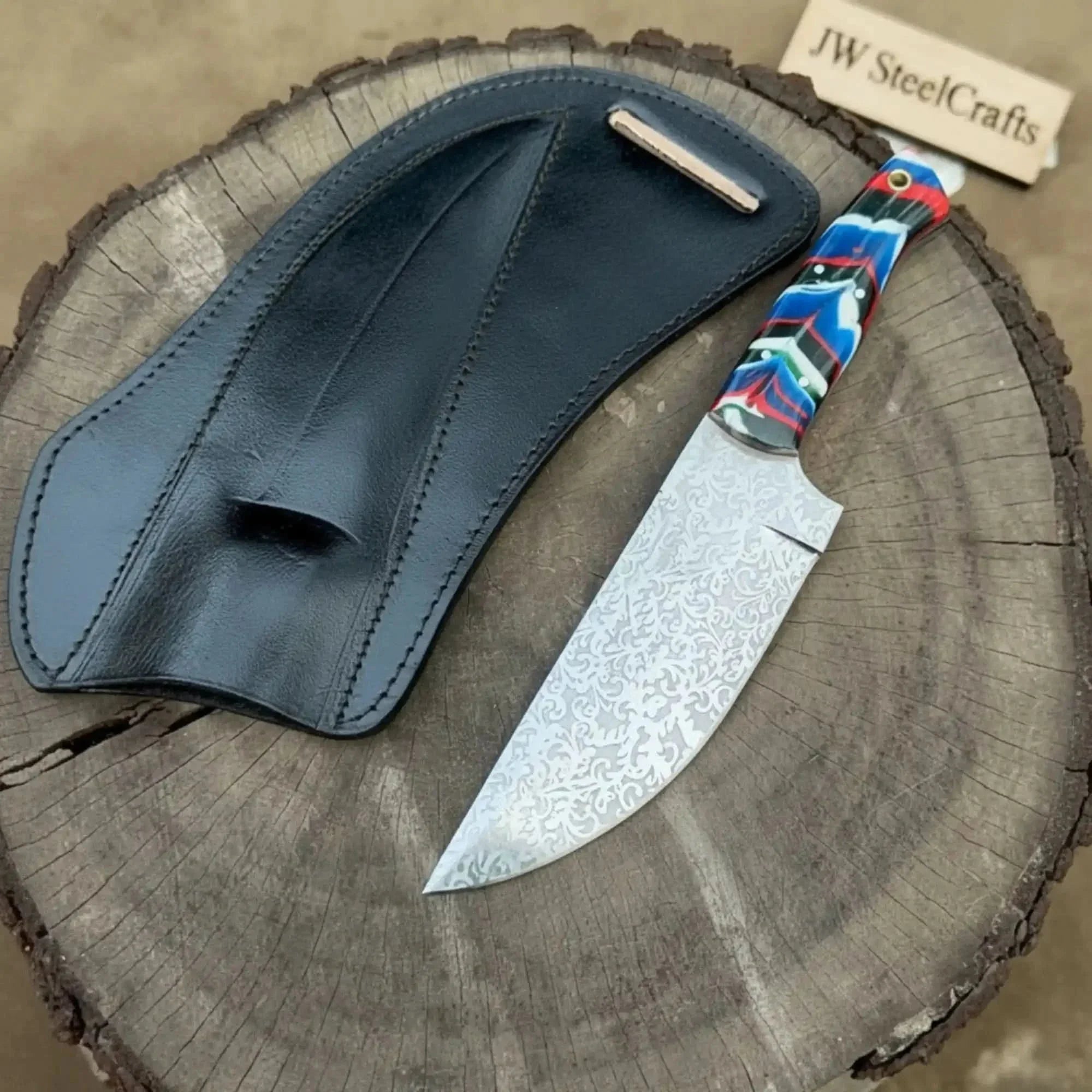 Serbian Utility Knife 9” – Acid Etched Blade with Resin Handle & Leather Sheath