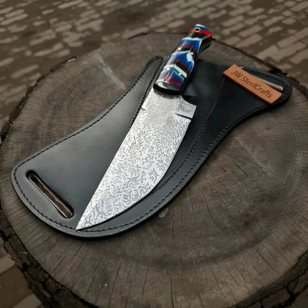 Serbian Utility Knife 9” – Acid Etched Blade with Resin Handle & Leather Sheath