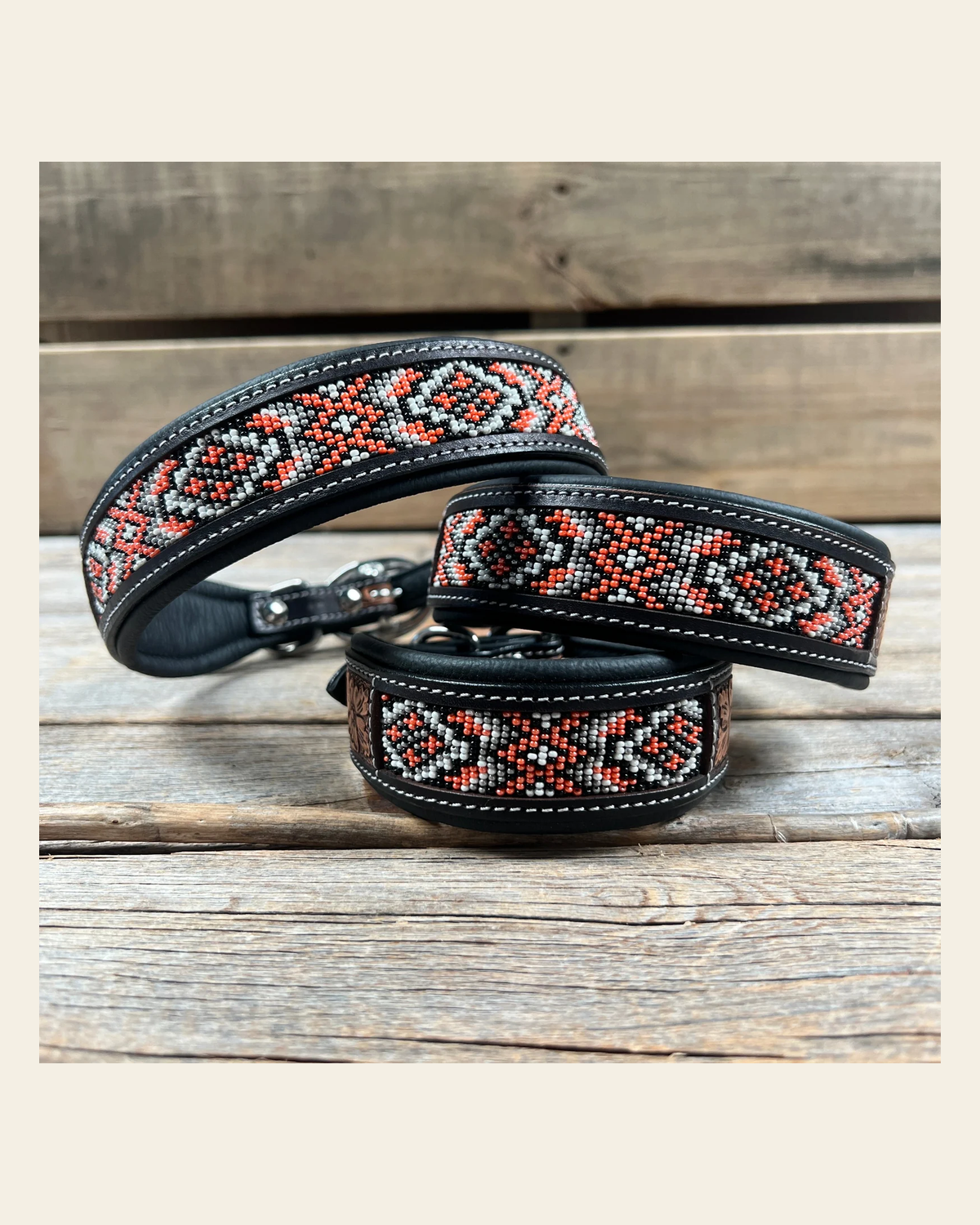 Tooled Peach and Black Genuine Leather Beaded Dog Collar #DC445 on a warm cream background