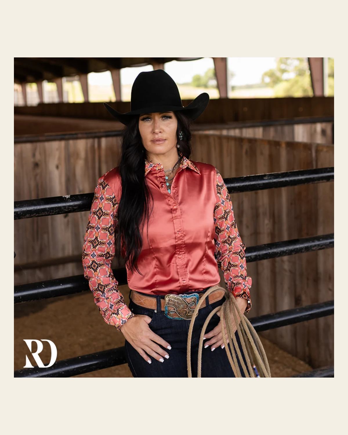 Pecos Peach Satin Mesh Performance Rodeo Shirt on a warm cream background