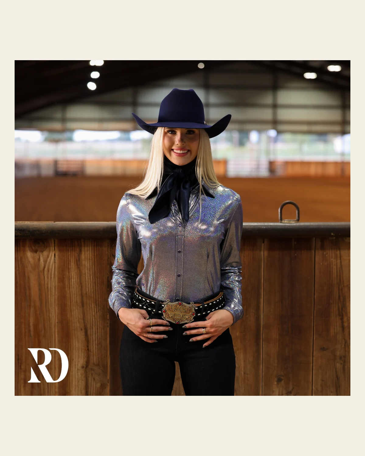 Periwinkle Sparkle Performance Rodeo Shirt on a warm cream background