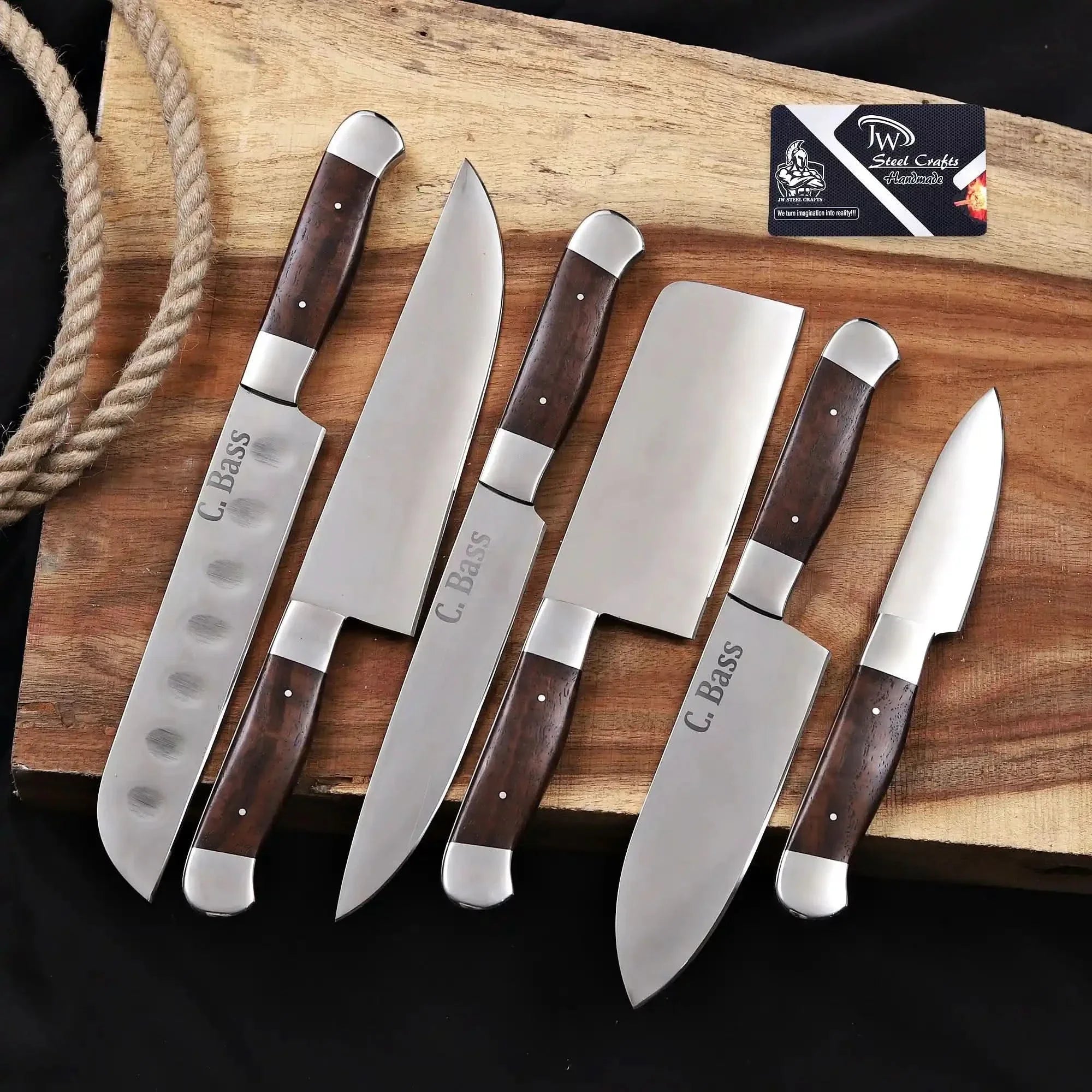 6-Piece High Carbon Steel Kitchen Knife Set with Leather Roll — Olive Wood Handles, Steel Bolsters, 7 to 12 Inc