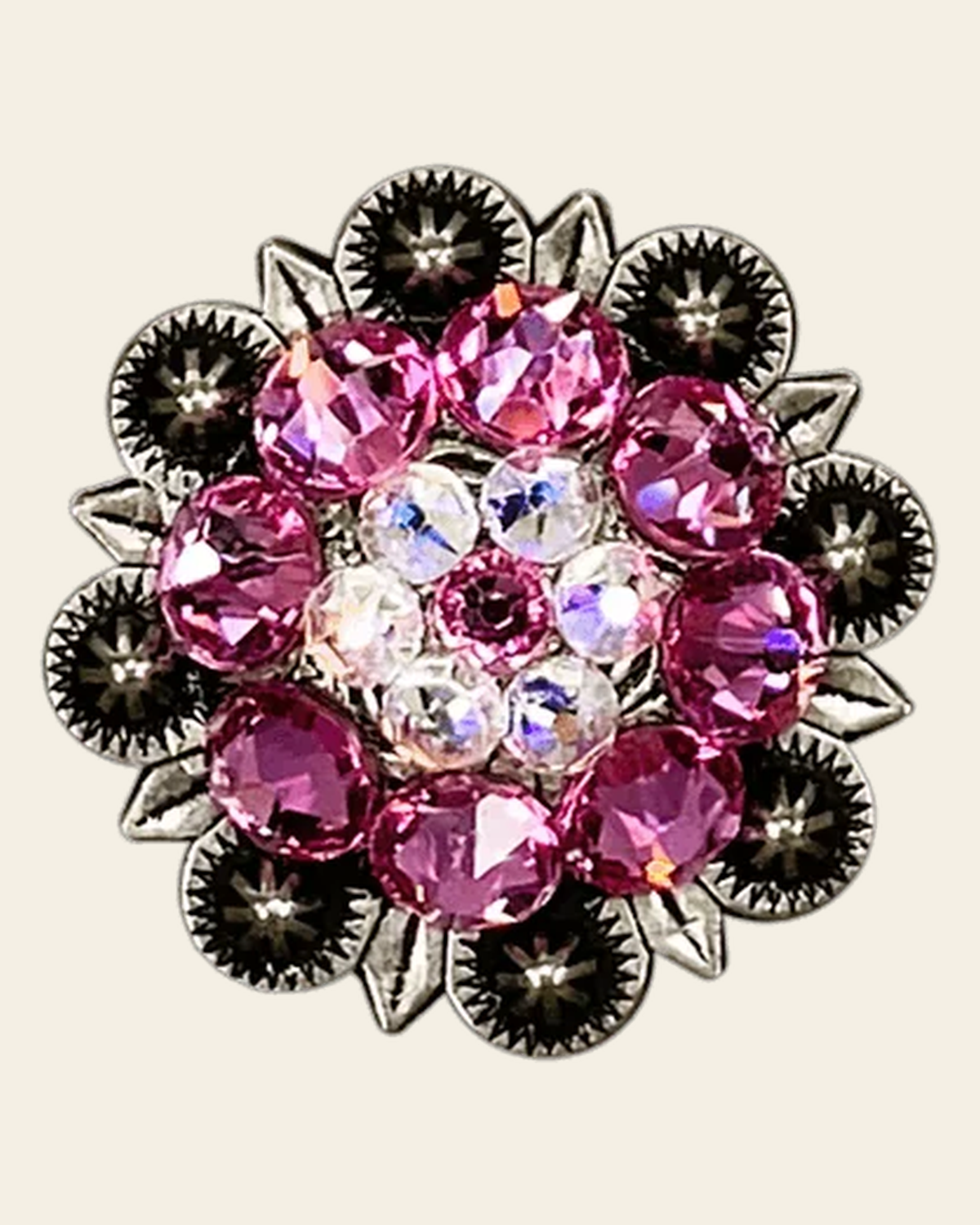 Pink & AB Antique Silver 1.25" European Crystal Concho on a warm cream background