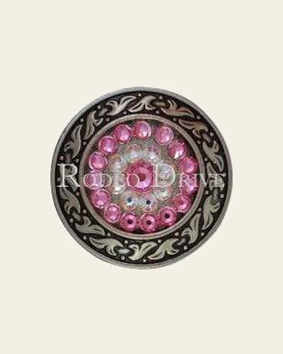 Pink & AB Antique Silver 1.5" Disc European Crystal Concho on a warm cream background