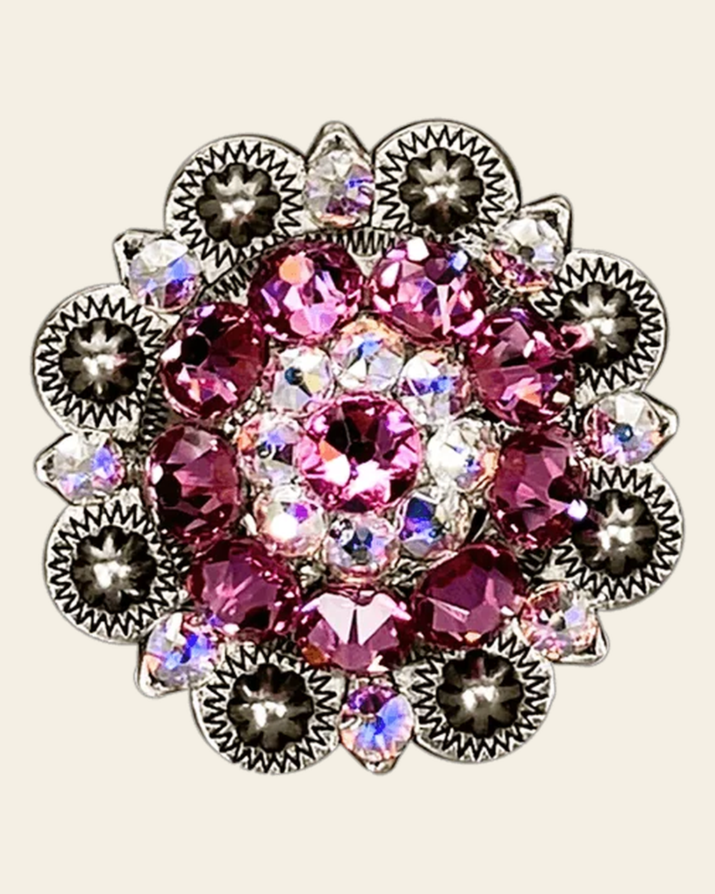 Pink & AB Antique Silver 1.5" European Crystal Concho on a warm cream background