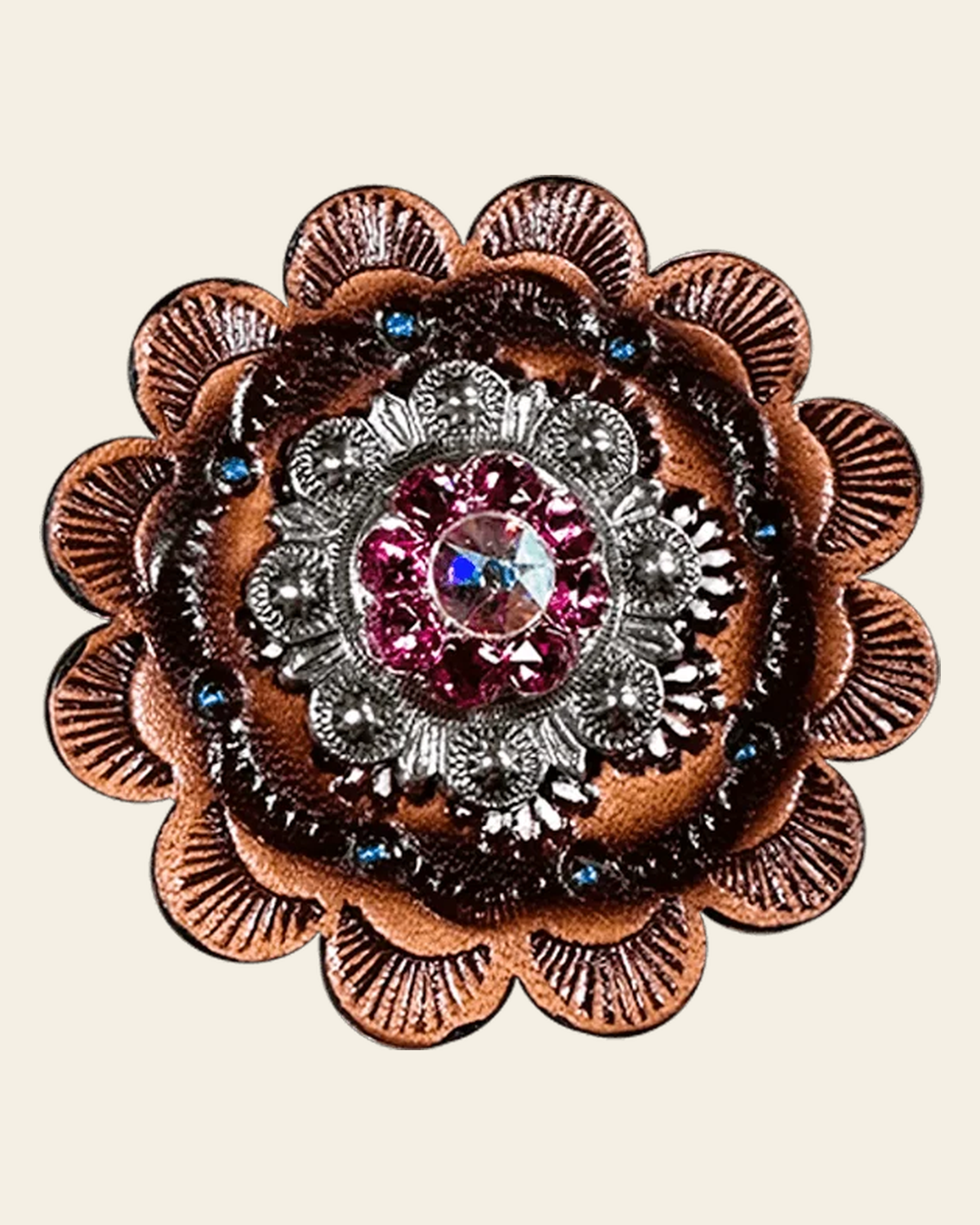 Pink & AB Antique Silver 1" European Crystal Concho and Leather Rosette on a warm cream background