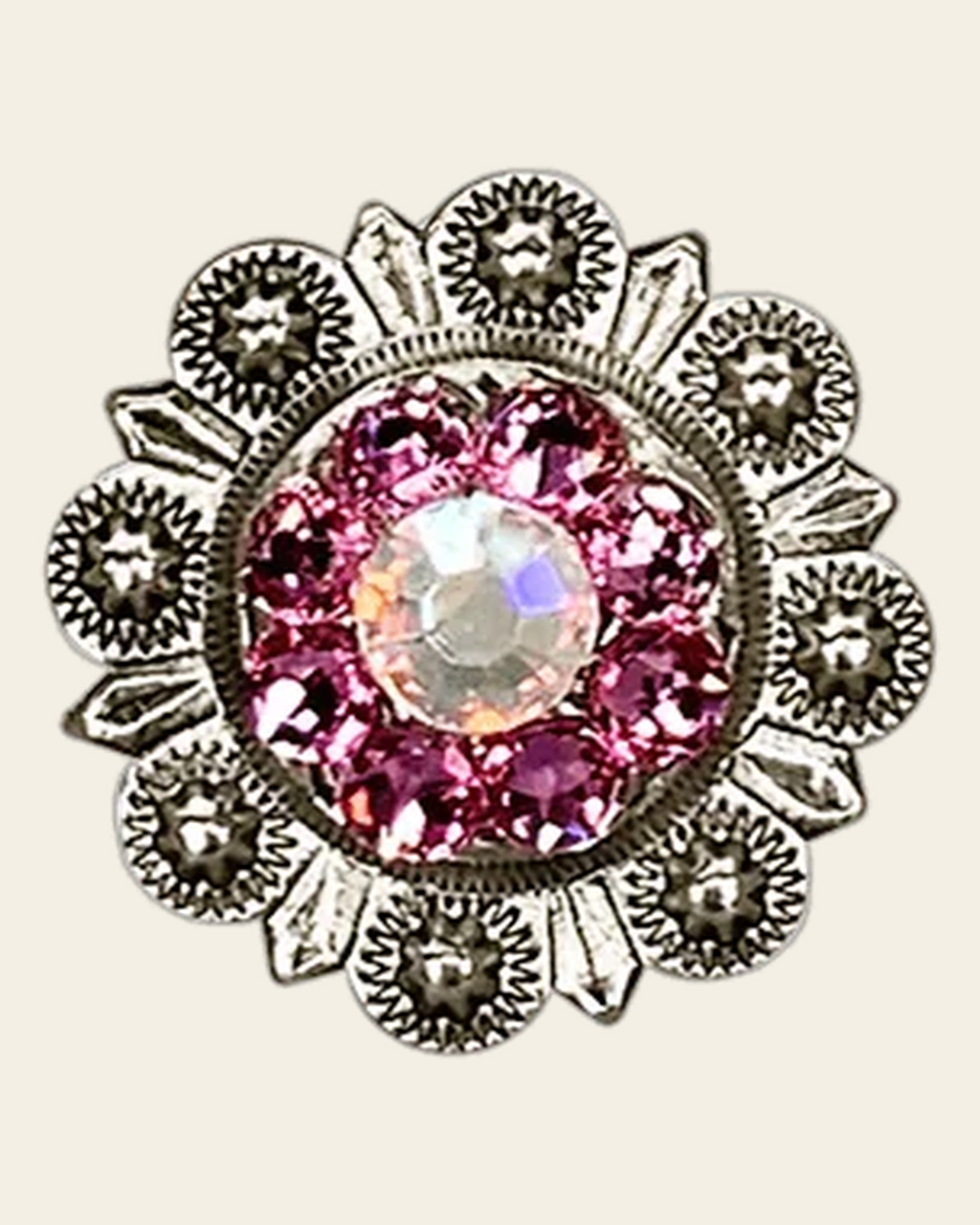 Pink & AB Antique Silver 1" European Crystal Concho on a warm cream background