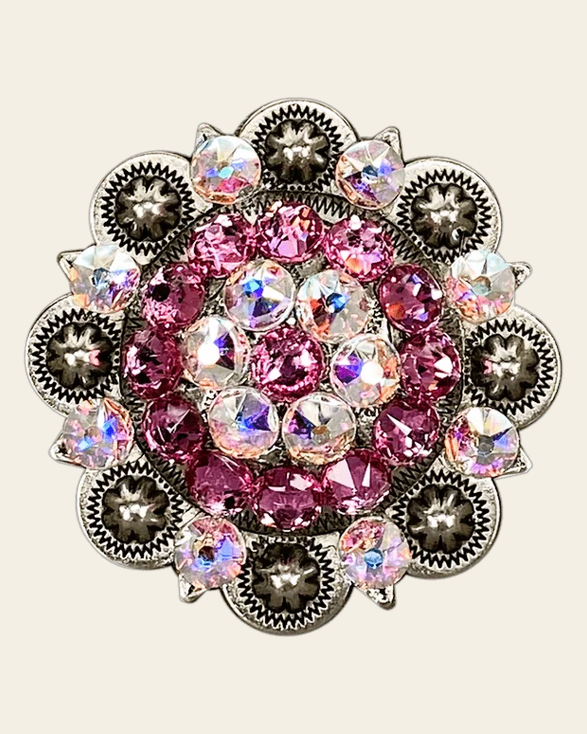 Pink & AB Antique Silver 2" European Crystal Concho on a warm cream background