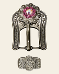 Pink & AB Antique Silver European Crystal Buckle Keeper Set on a warm cream background