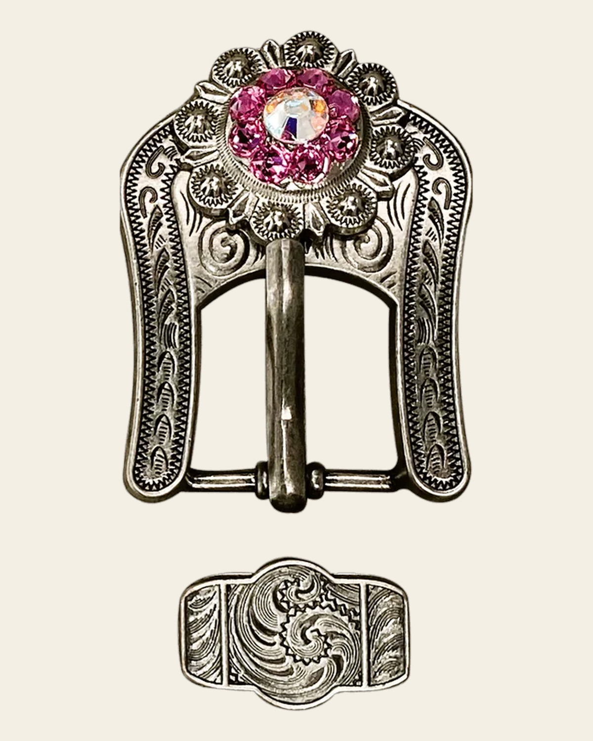 Pink & AB Antique Silver European Crystal Buckle Keeper Set on a warm cream background