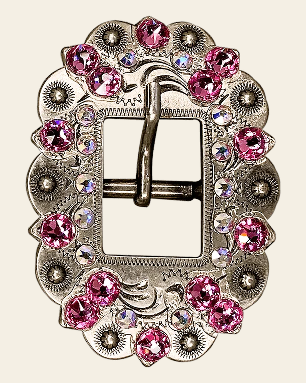 Pink & AB Antique Silver European Crystal Cart Buckle on a warm cream background