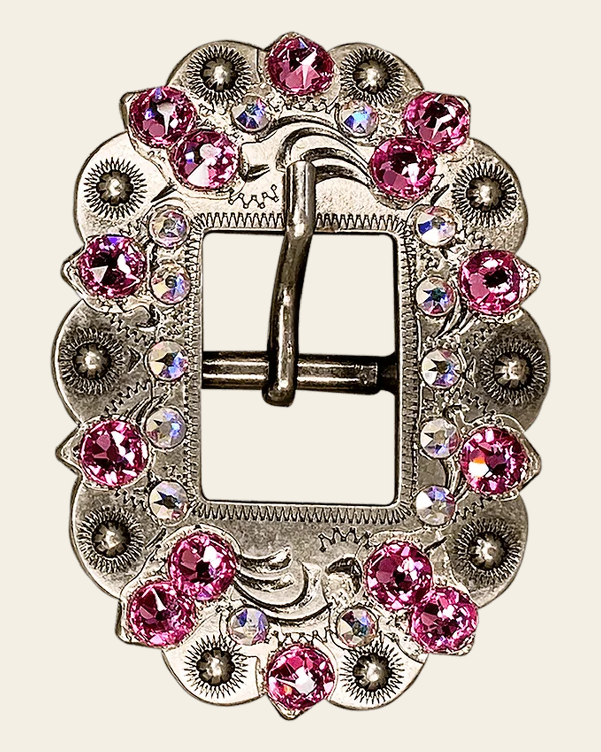 Pink & AB Antique Silver European Crystal Cart Buckle on a warm cream background