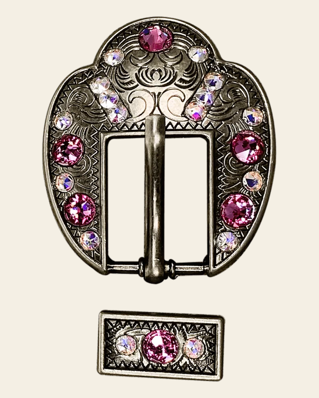 Pink & AB Antique Silver European Crystal Fancy Buckle on a warm cream background