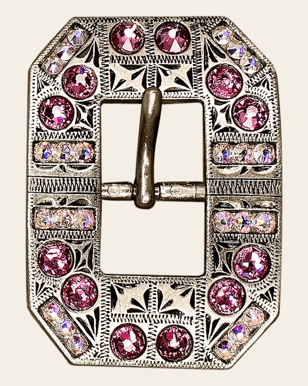 Pink & AB Antique Silver European Crystal Square Cart Buckle on a warm cream background