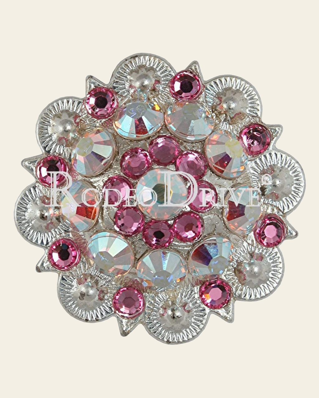 Pink & AB Bright Silver 1.5" European Crystal Concho on a warm cream background