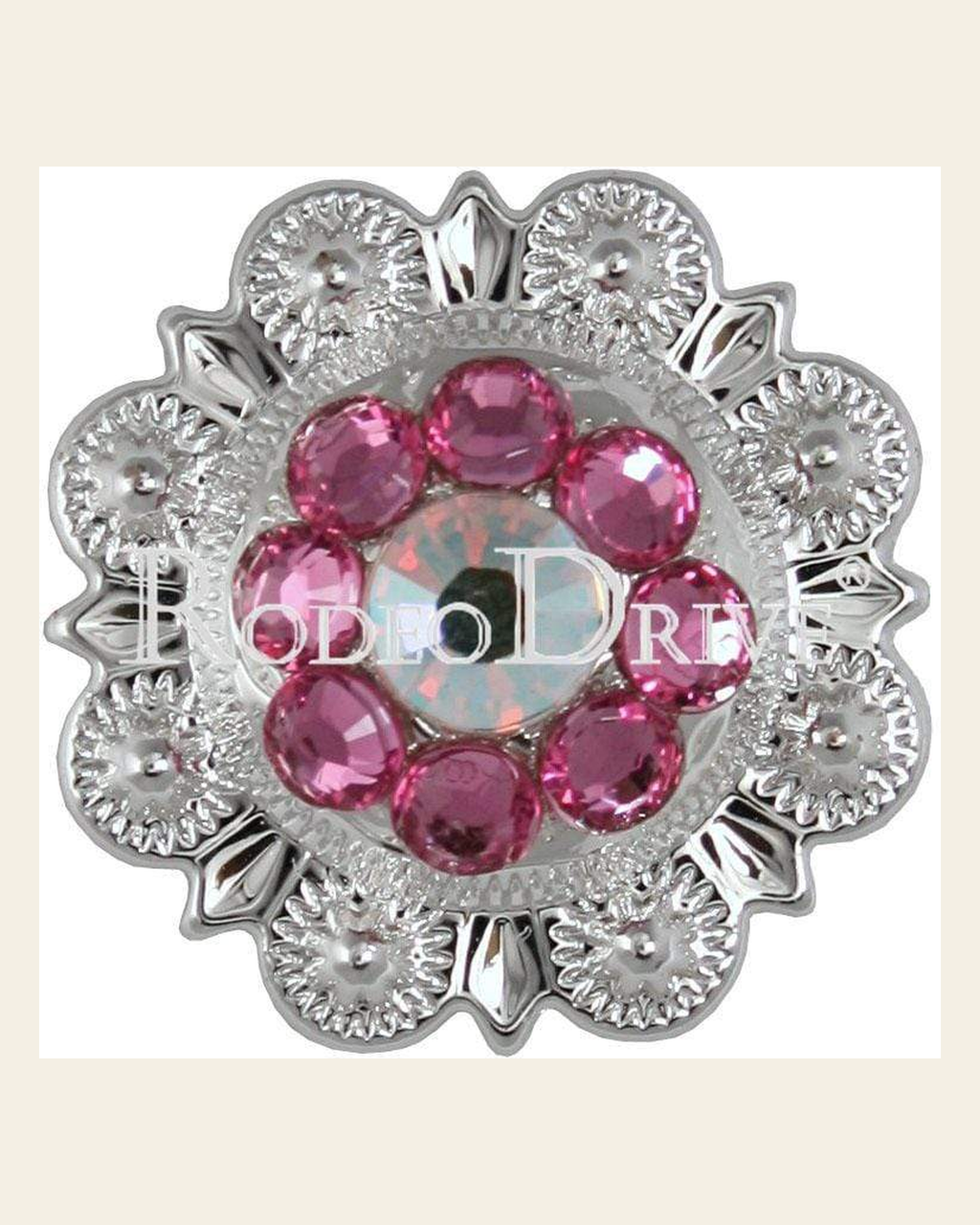 Pink & AB Bright Silver 1" European Crystal Concho on a warm cream background