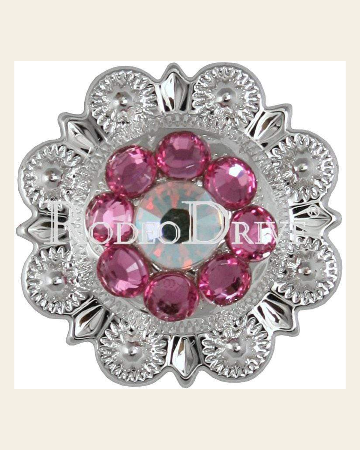 Pink & AB Bright Silver 1" European Crystal Concho on a warm cream background