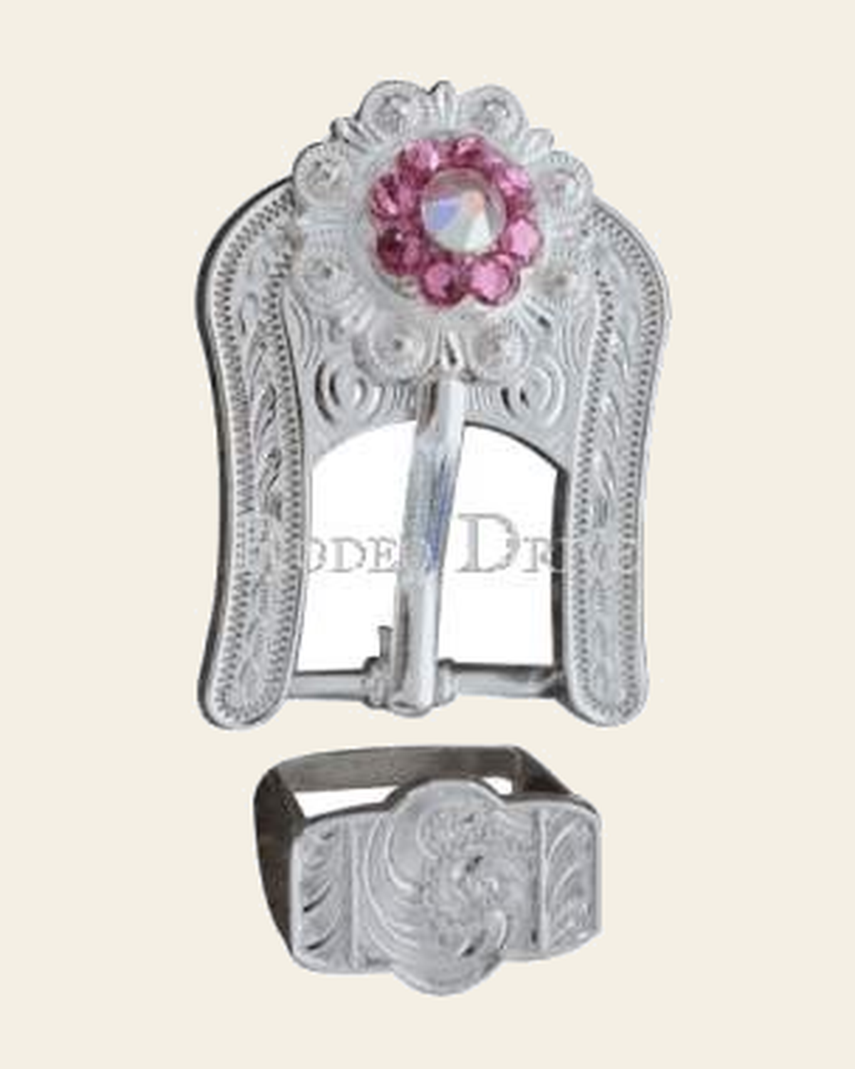 Pink & AB Bright Silver European Crystal Buckle Keeper Set on a warm cream background