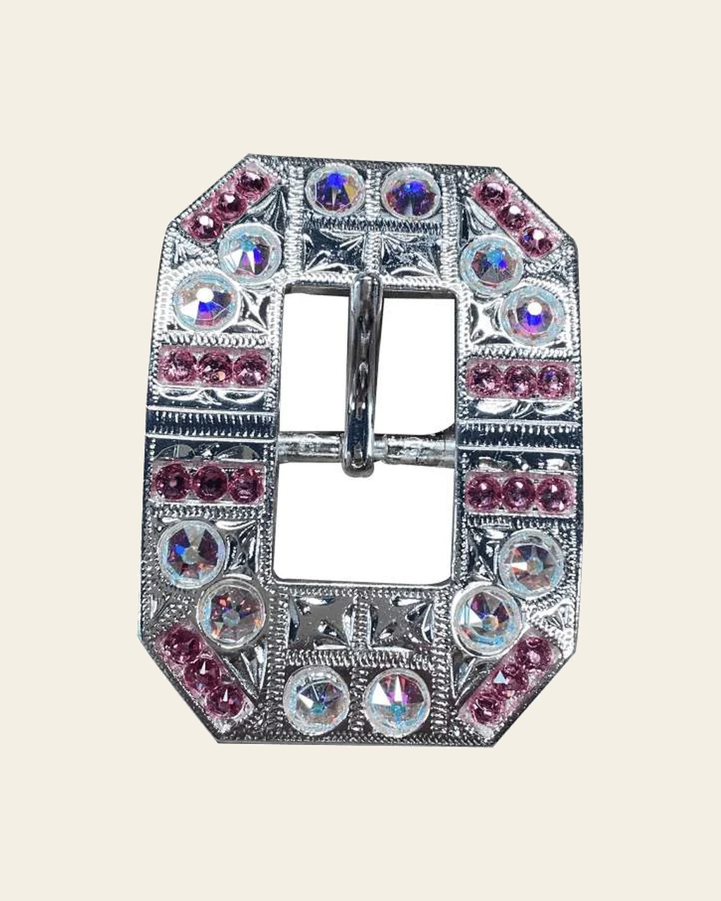 Pink & AB Bright Silver European Crystal Square Cart Buckle on a warm cream background