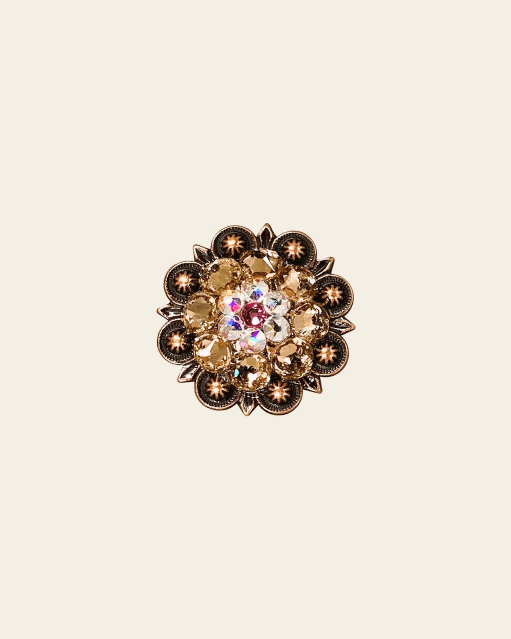 Pink AB & Champagne Copper 1.25" European Crystal Concho on a warm cream background