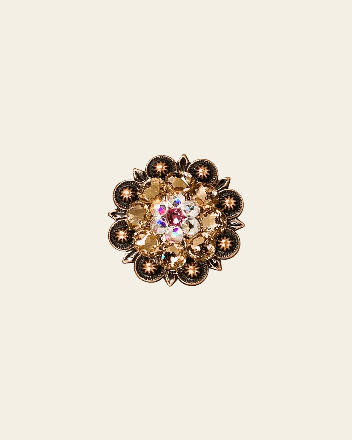 Pink AB & Champagne Copper 1.25" European Crystal Concho on a warm cream background