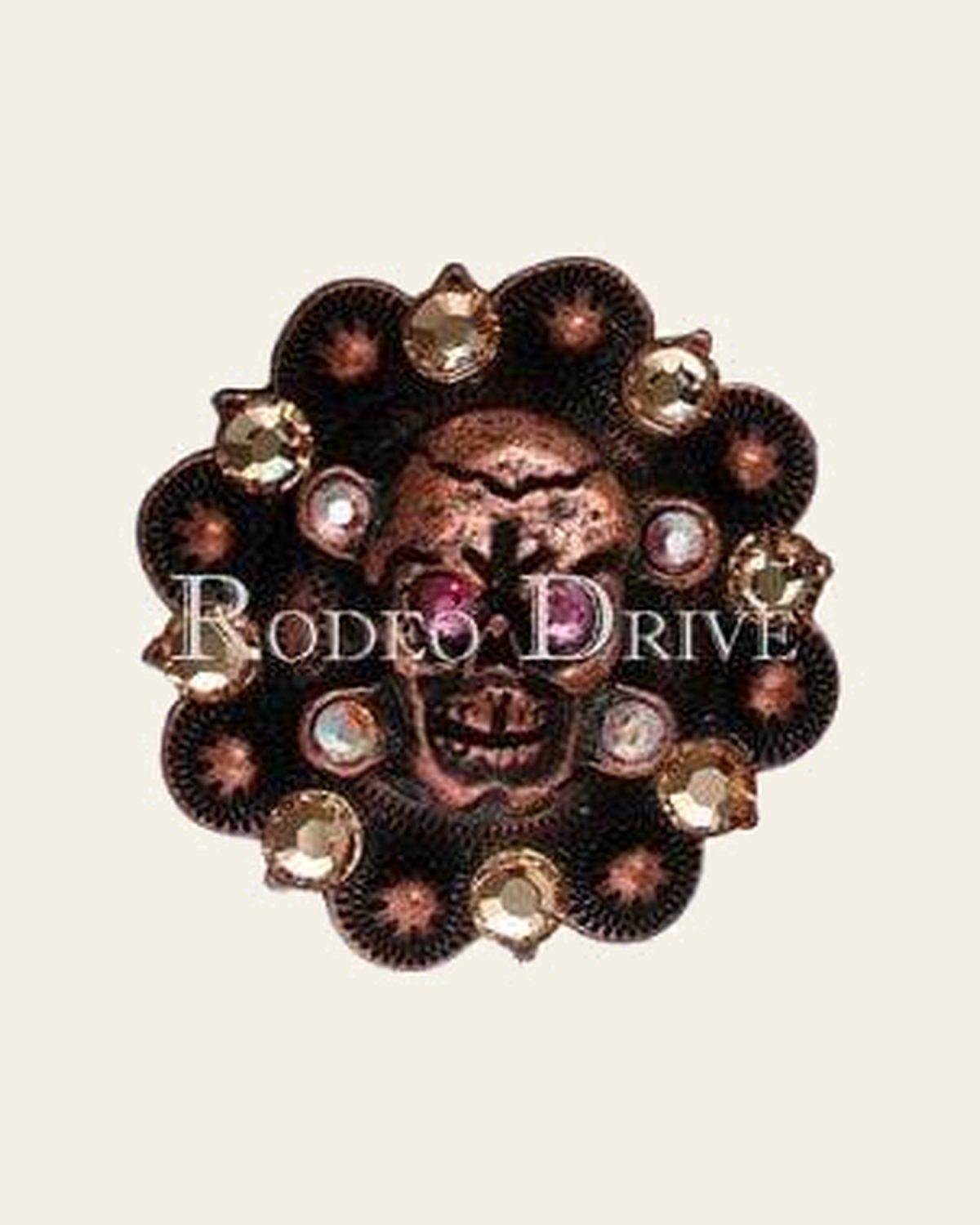 Pink, AB & Champagne Copper 1.75" Skull European Crystal Concho on a warm cream background