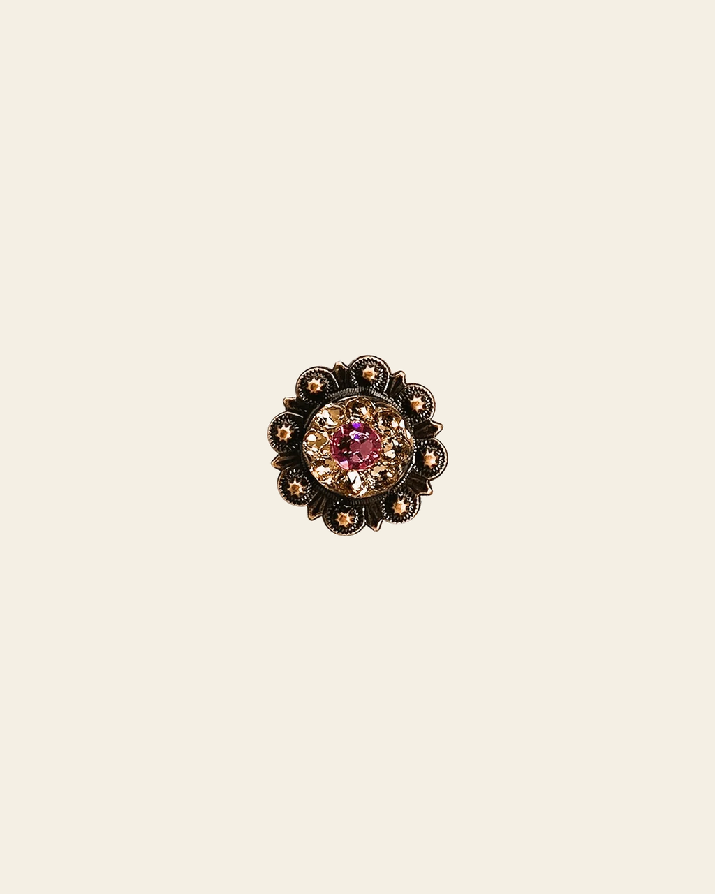 Pink & Champagne Copper 1" European Crystal Concho on a warm cream background
