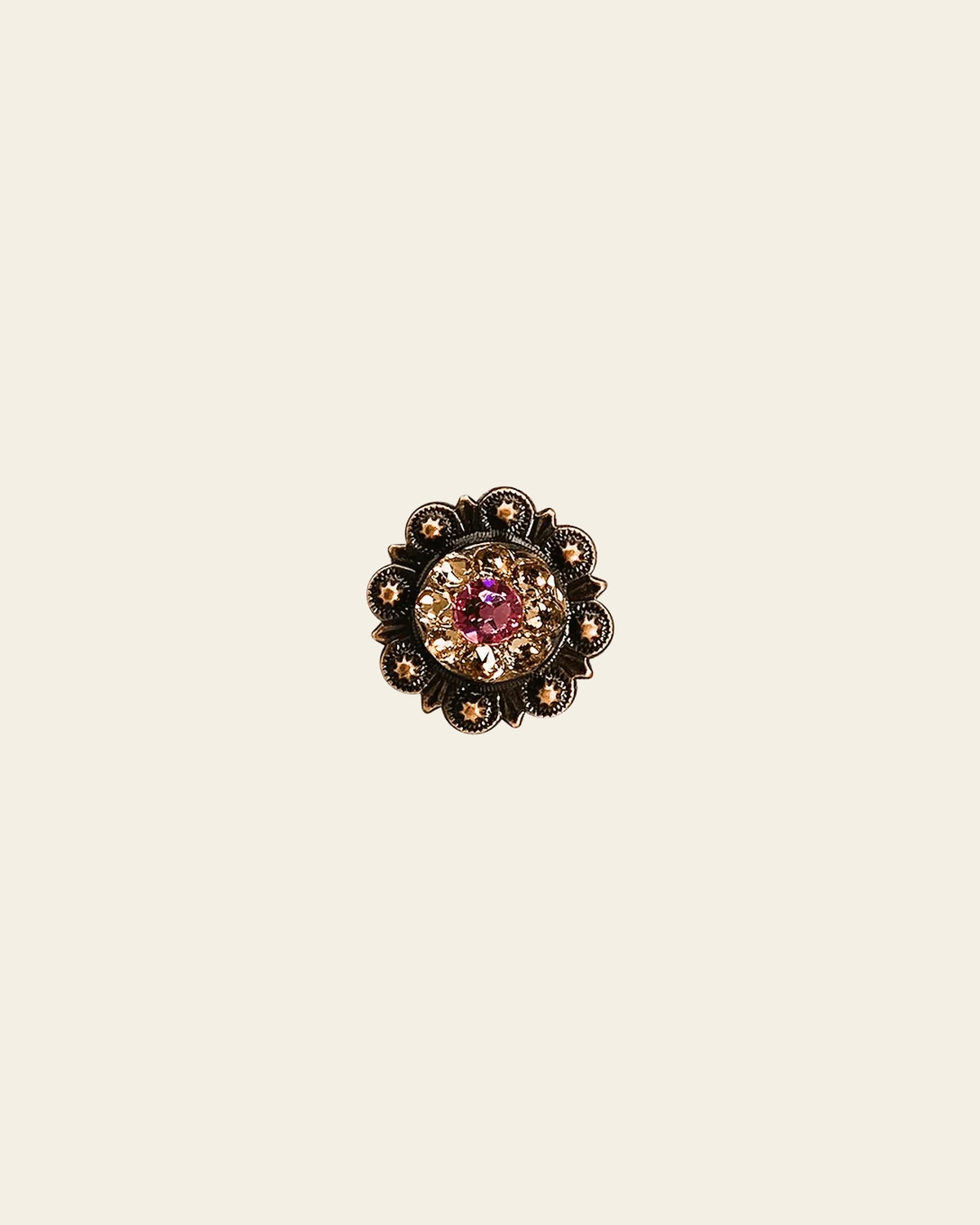 Pink & Champagne Copper 1" European Crystal Concho on a warm cream background