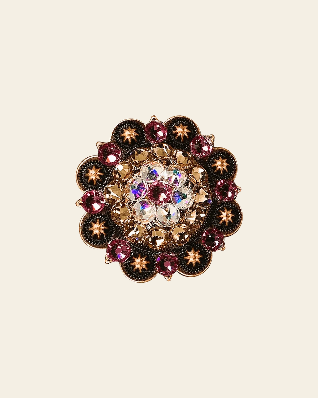 Pink AB & Champagne Copper 2" European Crystal Concho on a warm cream background