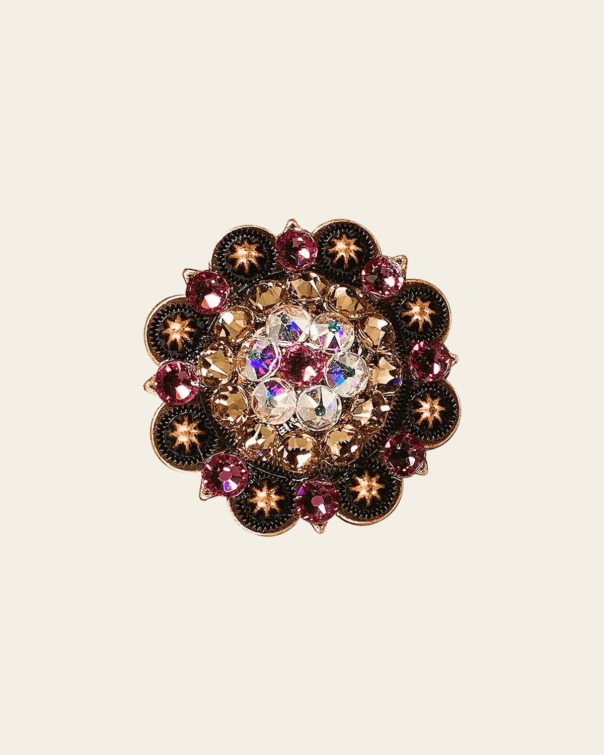 Pink AB & Champagne Copper 2" European Crystal Concho on a warm cream background