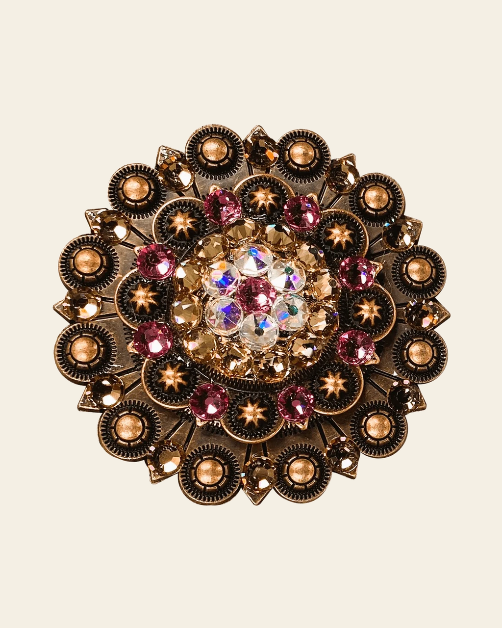 Pink AB & Champagne Copper Berry Jacket European Crystal on a warm cream background