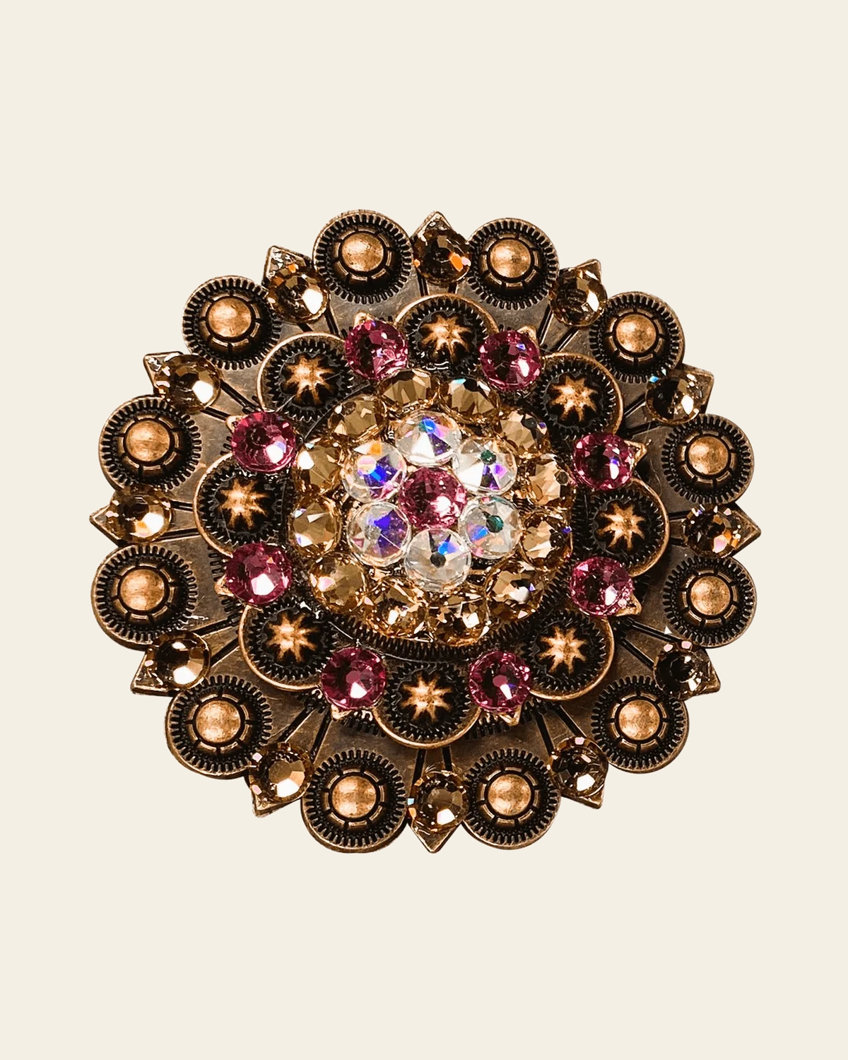 Pink AB & Champagne Copper Berry Jacket European Crystal on a warm cream background