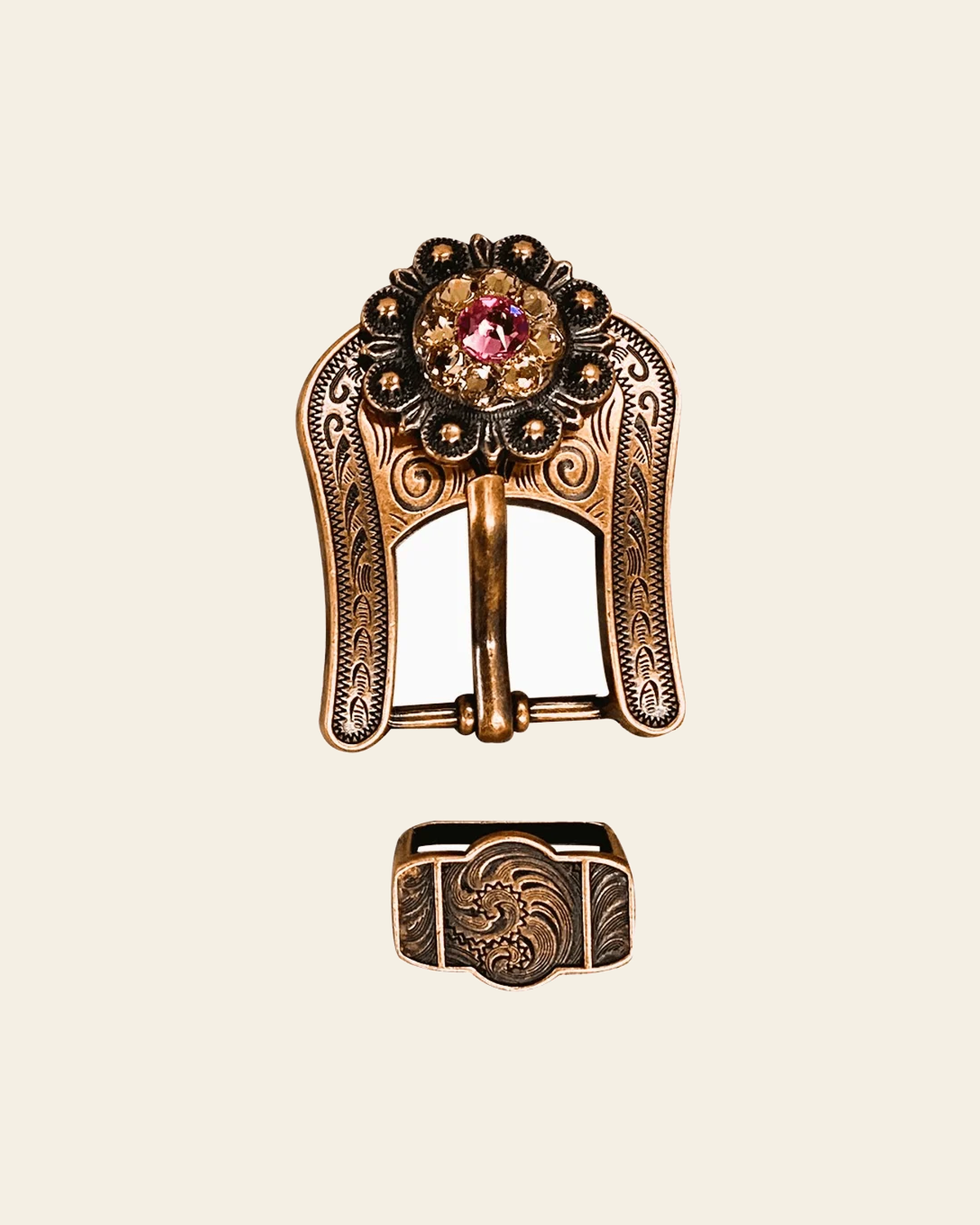 Pink AB & Champagne Copper European Crystal Buckle Keeper Set on a warm cream background