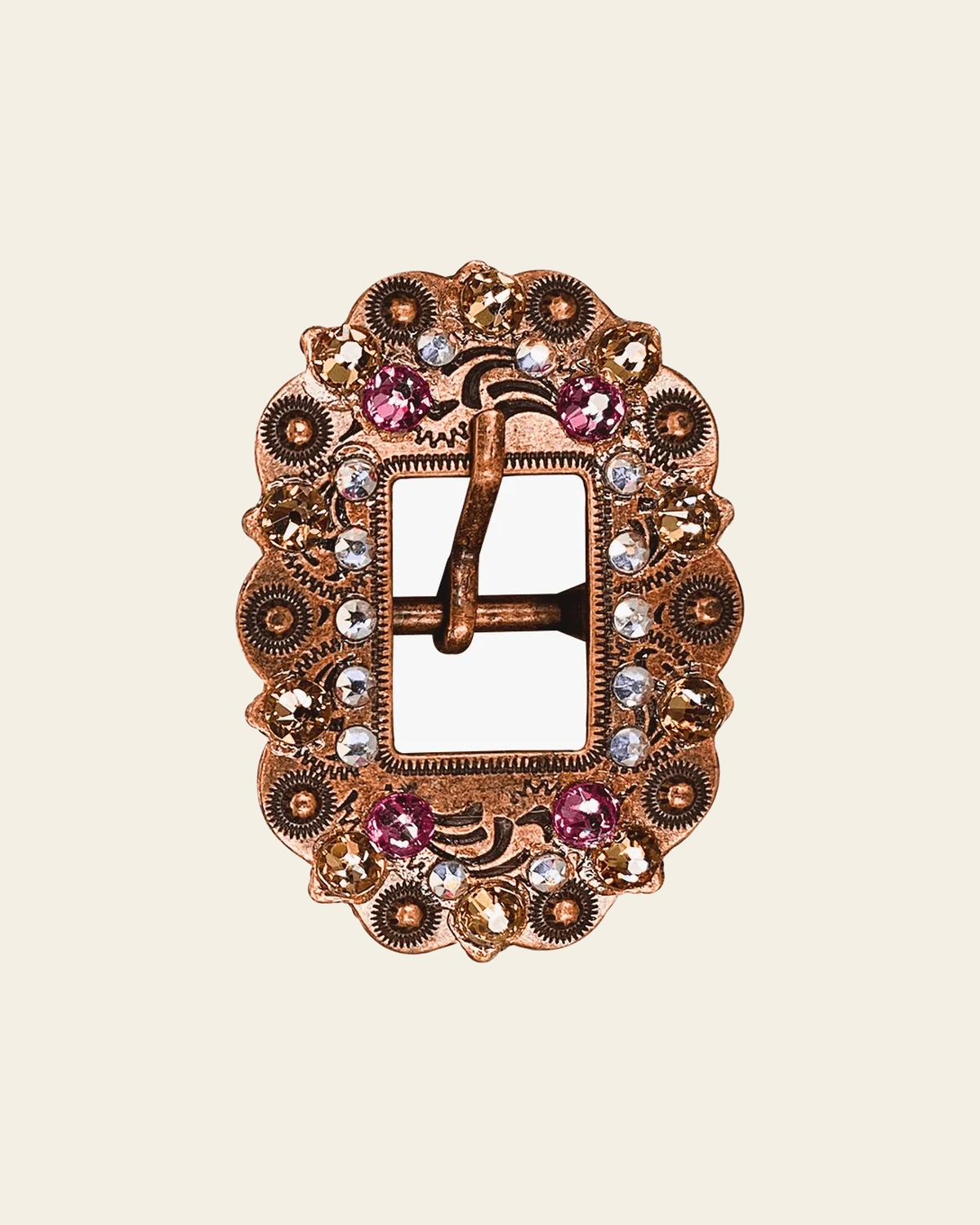 Pink AB & Champagne Copper European Crystal Cart Buckle on a warm cream background