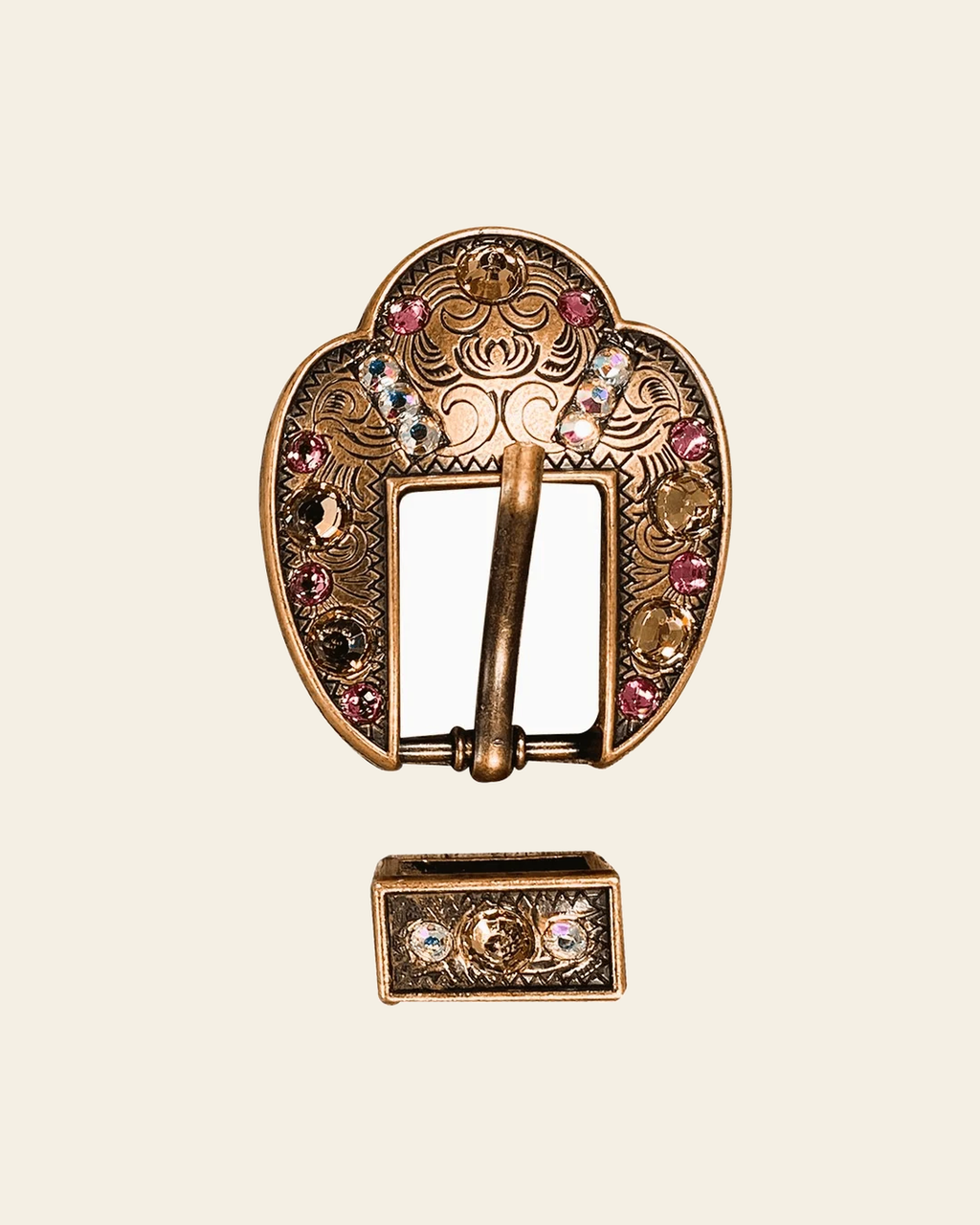 Pink AB & Champagne Copper European Crystal Fancy Buckle on a warm cream background