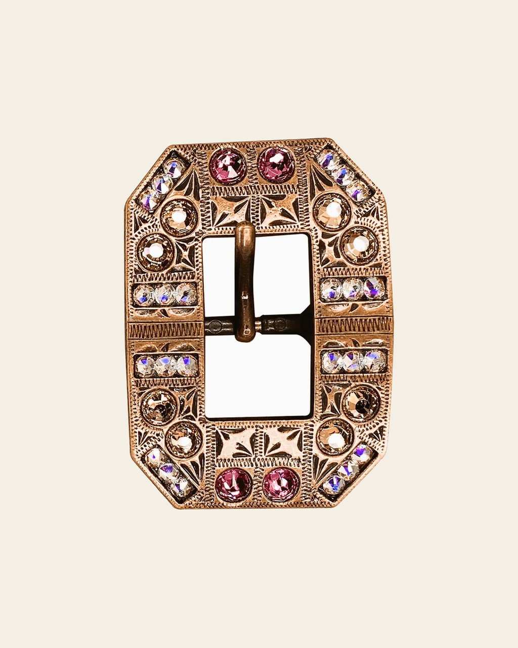 Pink AB & Champagne Copper European Crystal Square Cart Buckle on a warm cream background