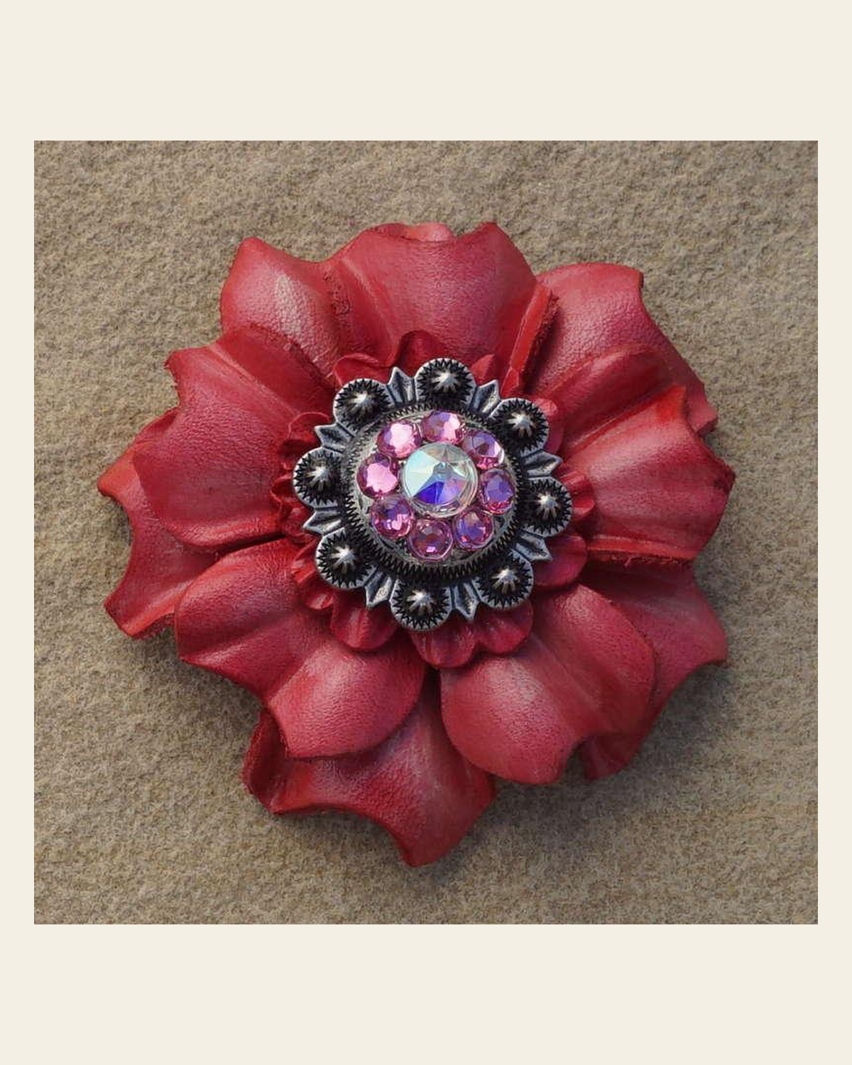 Pink Carnation Flower With Antique Silver Pink and AB 1" Concho on a warm cream background