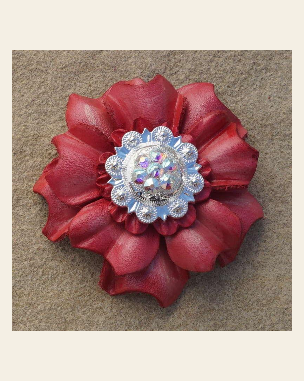 Pink Carnation Flower With Bright Silver AB 1" Concho on a warm cream background