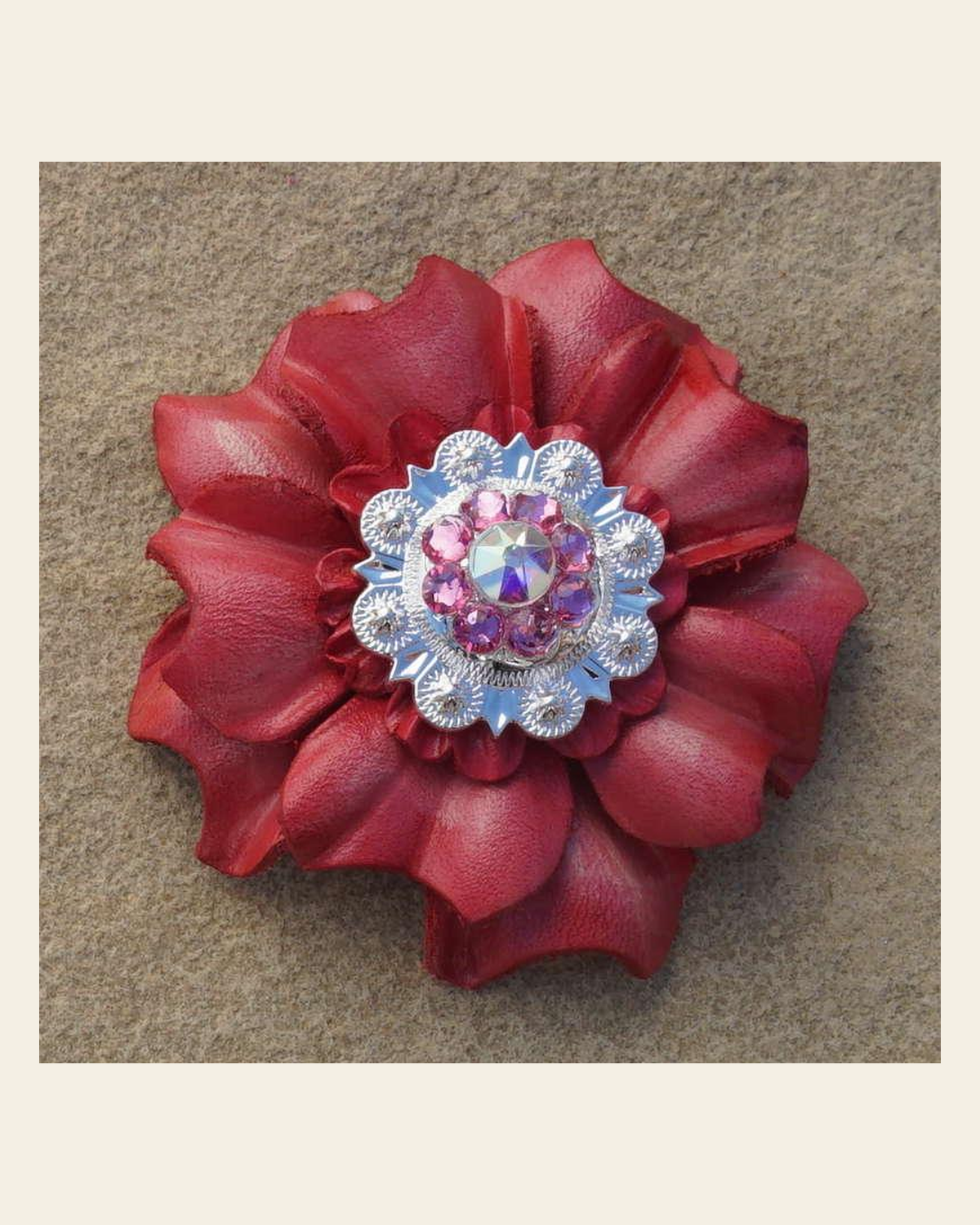 Pink Carnation Flower With Bright Silver Pink and AB 1" Concho on a warm cream background