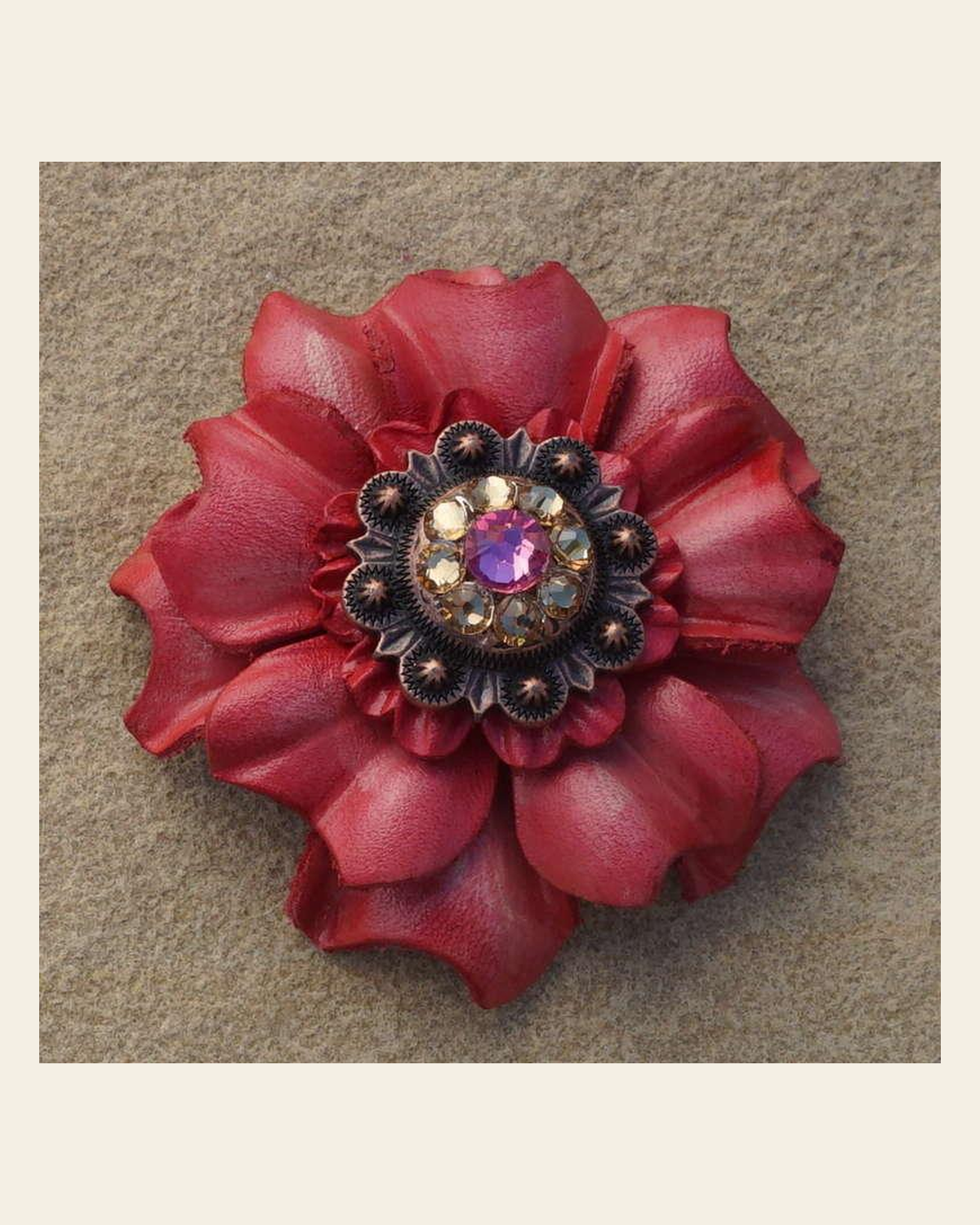 Pink Carnation Flower With Copper Pink and Champagne 1" Concho on a warm cream background