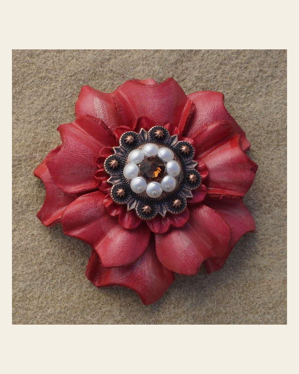 Pink Carnation Flower With Copper Topaz and Pearl 1" Concho on a warm cream background