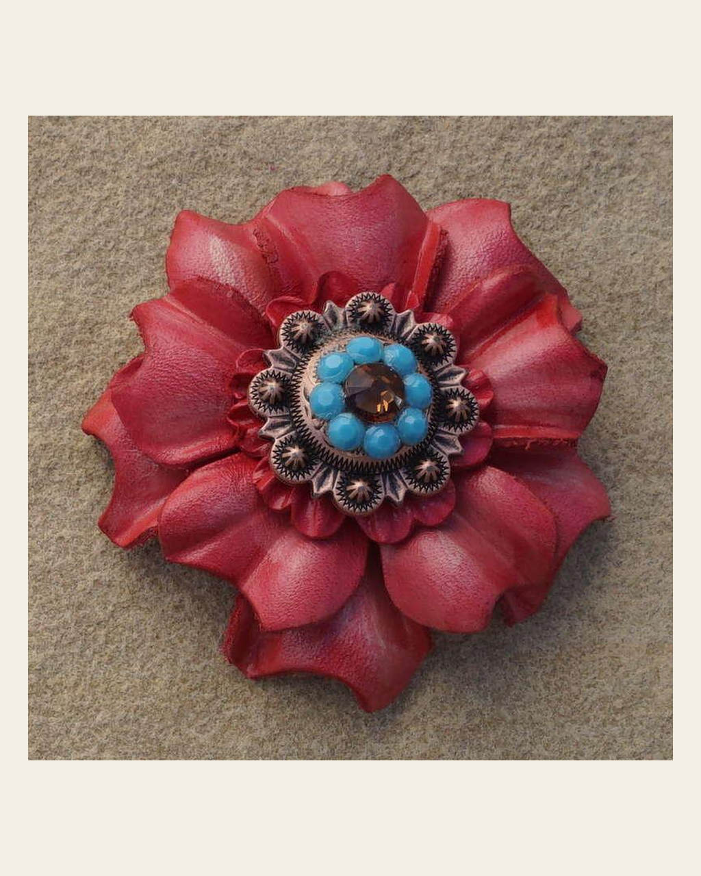 Pink Carnation Flower With Copper Topaz and Turquoise 1" Concho on a warm cream background