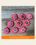 Pink Carnations Leather Flowers - 1" Crystal Conchos - Options on a warm cream background