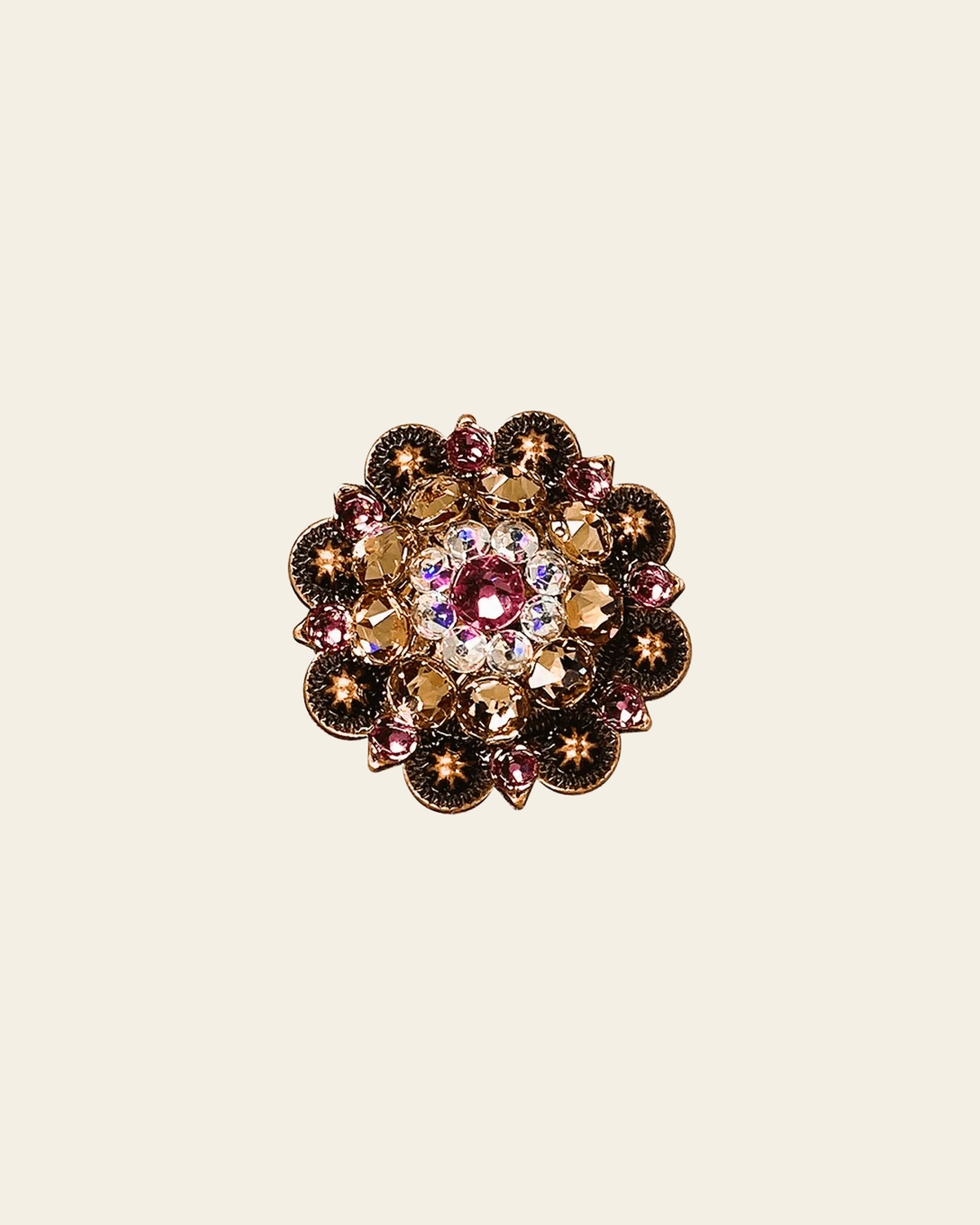Pink Champagne & AB Copper 1.5" European Crystal Concho on a warm cream background