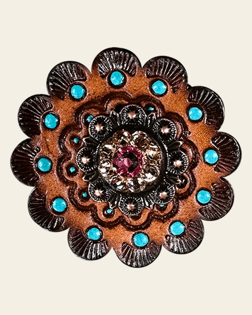 Pink & Champagne Copper 1" European Crystal Concho and Leather Rosette on a warm cream background