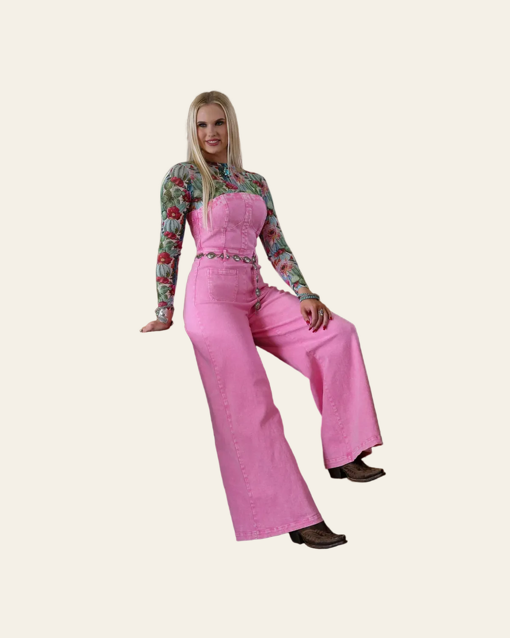Pink Crush Denim | Jumpsuit on a warm cream background