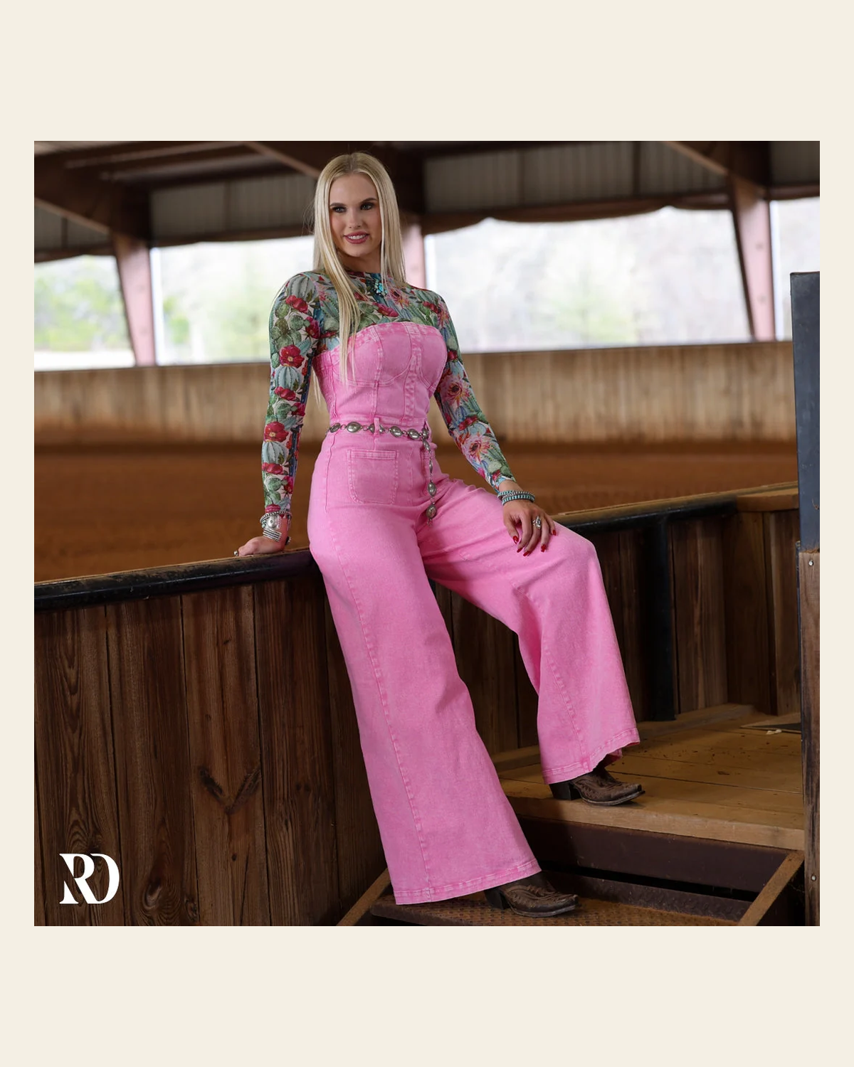 Pink Crush Denim | Jumpsuit on a warm cream background