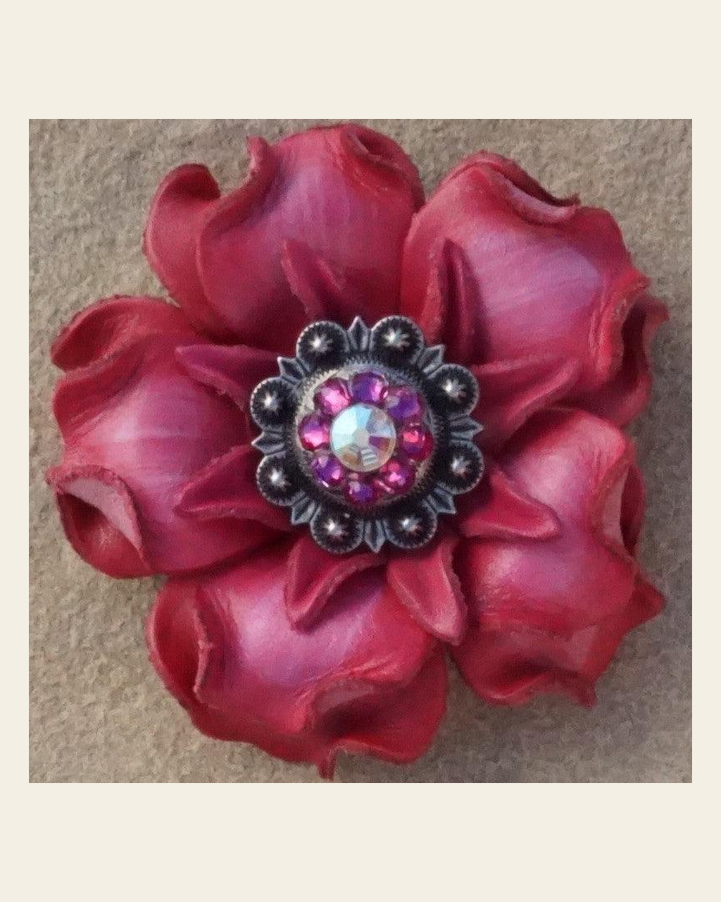 Pink Gardenia Flower With Antique Silver Fuchsia and AB 1" Concho on a warm cream background