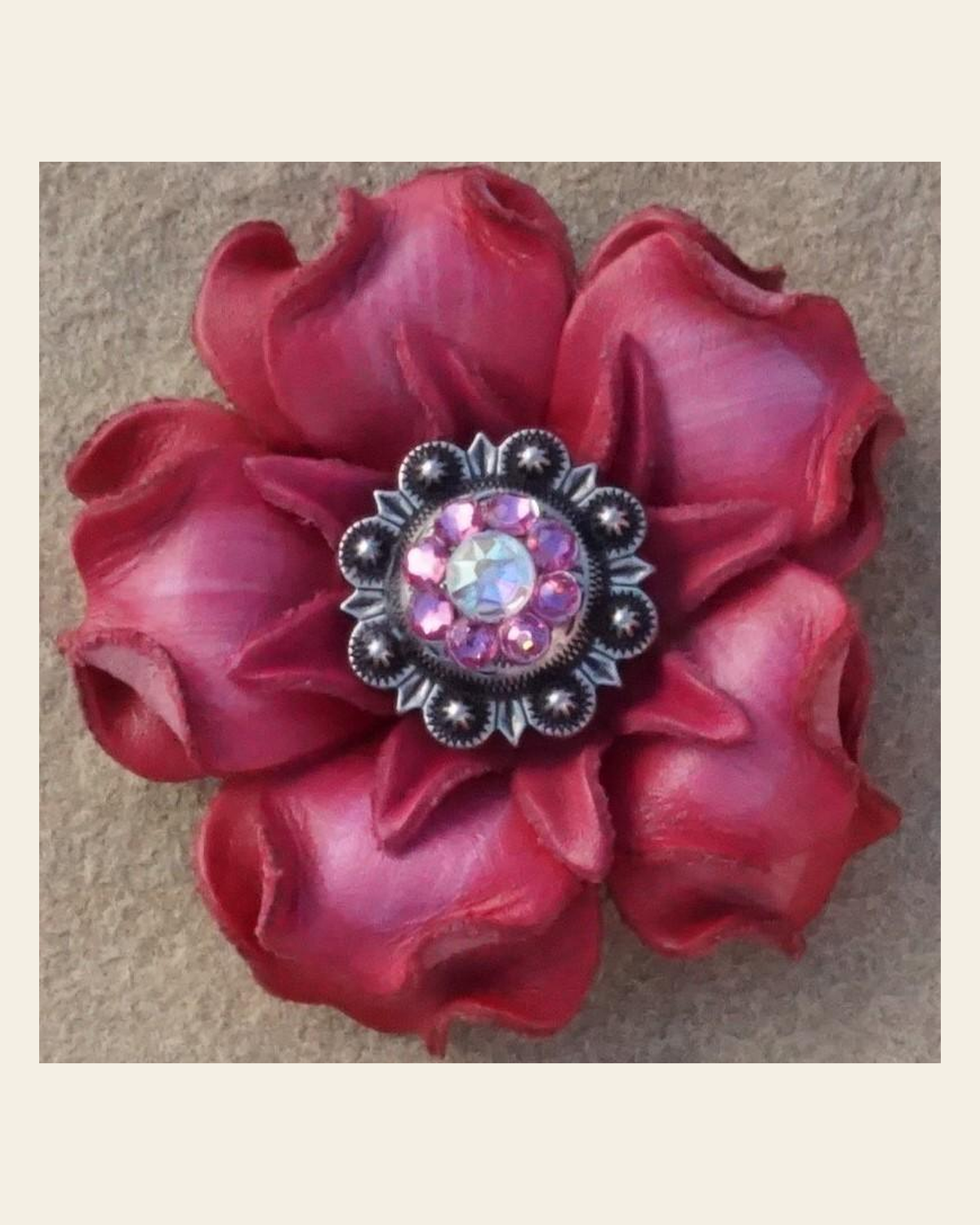 Pink Gardenia Flower With Antique Silver Pink & AB 1" Concho on a warm cream background