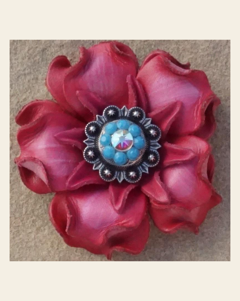 Pink Gardenia Flower With Antique Silver Turquoise & AB 1" Concho on a warm cream background